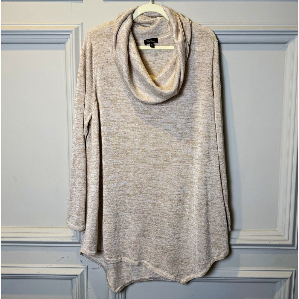 Cupio Woman Cowl Neck Pullover Sweater Beige Gold Metallic Knit Plus 3X